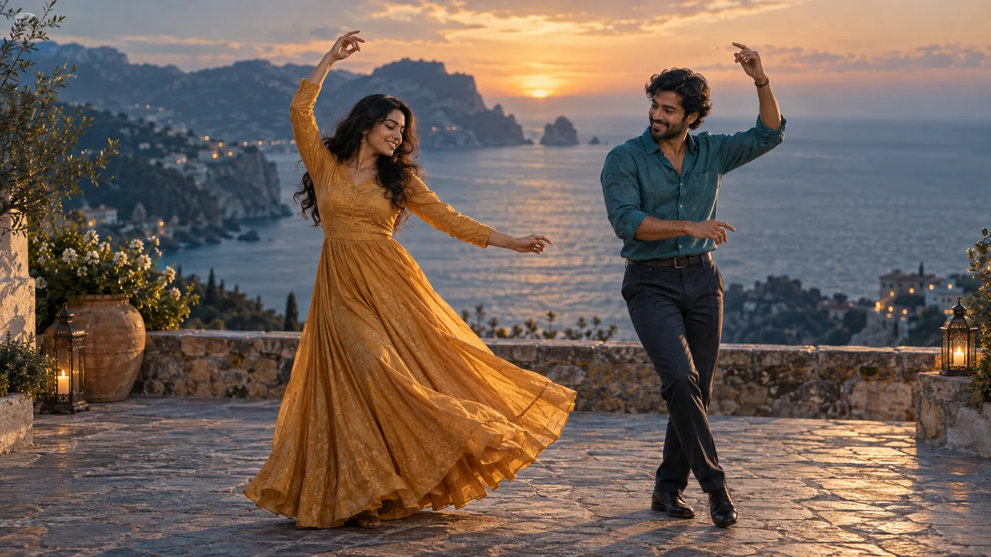Two original adult characters sharing a gentle dance on a sunlit coast.