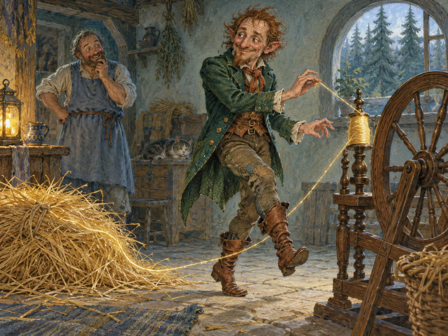 Original fairytale concept illustration with a spinning wheel, straw and a small dancing character.