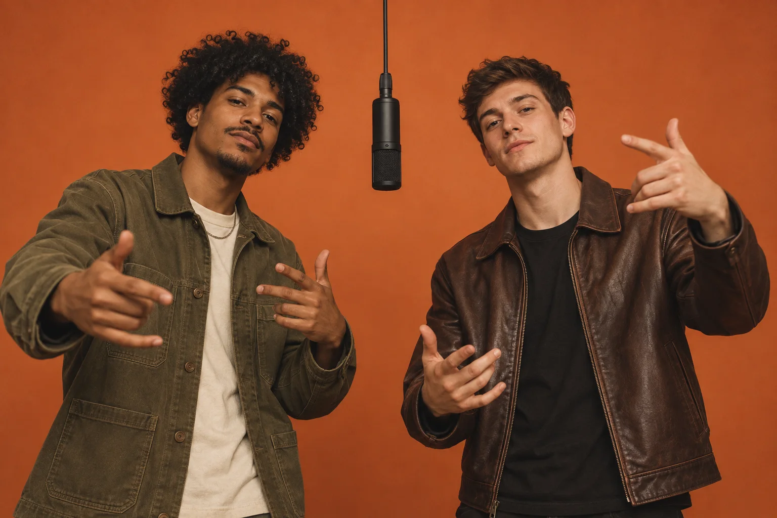 Original two-person performance concept in a warm orange recording booth.