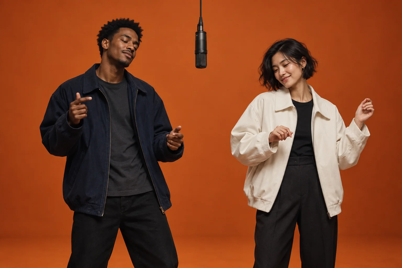 Original adult duo concept in a warmly lit orange recording studio.