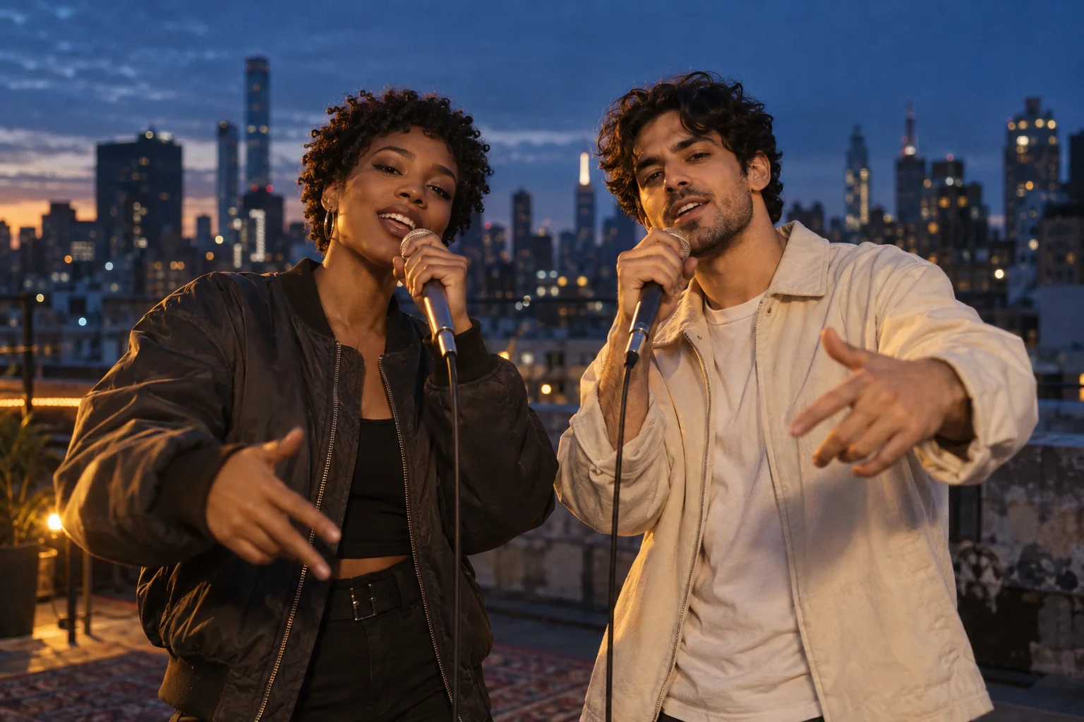Two original adult performers on a rooftop in a cinematic rap performance concept.