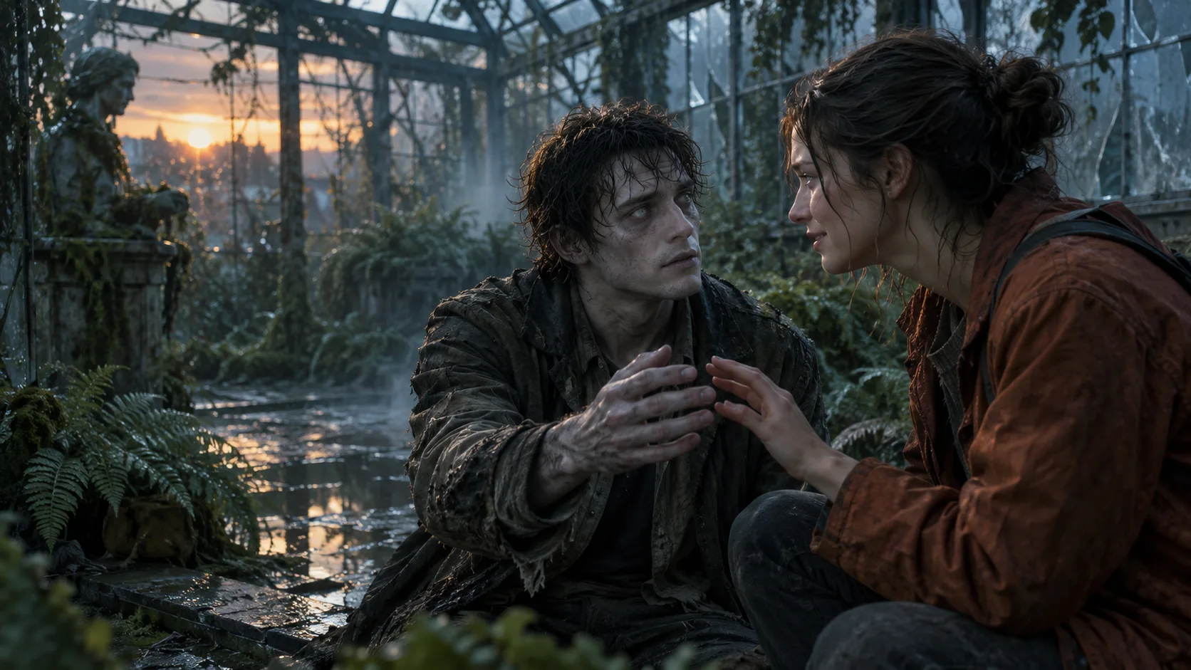 Original concept art of a man and a woman reuniting and holding hands in an overgrown greenhouse at dusk.